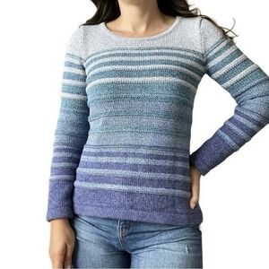 LL Bean Blue Ombre Striped Chunky Knit Pullover Cotton Crew Neck‎ Sweater MEDIUM